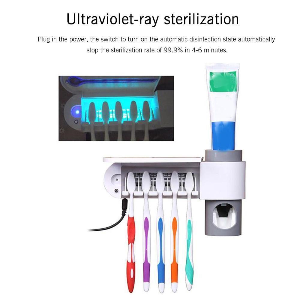 ABEDOE 2 en 1 esterilizador de cepillo de dientes UV, soporte para cepillo de dientes, dispensador automático de exprimidores de pasta de dientes, juego de baño para el hogar