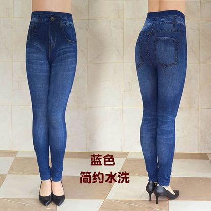 Women's Autumn Winter Jeans Plus Size Printing Imitation Denim Leggings High Waist Wear Stretch Plus Velvet Imitation Jeans Z136