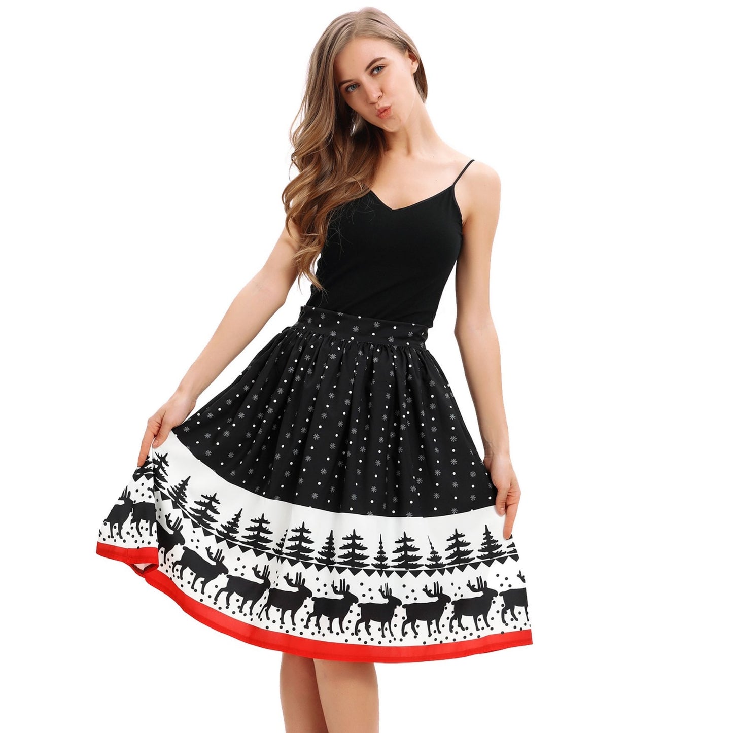 Falda para mujer con estampado navideño hasta la rodilla falda elástica de cintura alta falda sexy para fiesta de Navidad salvaje 