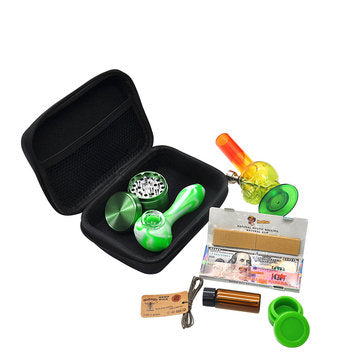 8Pcs/set Portable S moking Pipes Bag Set (Silicone Pipes + Four-layer T obacco Grinders Crusher Box + Glass Bottle + Silicone Oil Box + Acrylic S moking Pipe + Filter Paper+Bag) - The Styky S