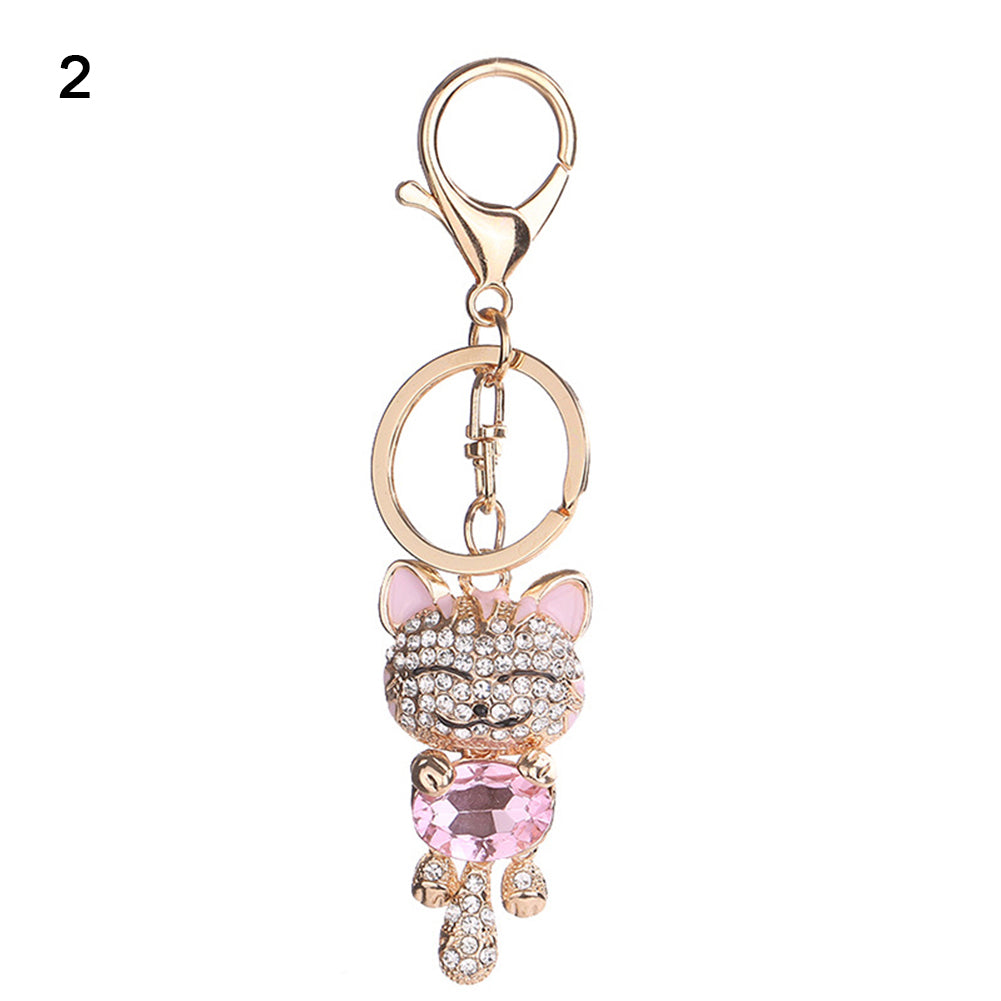 Women Lucky Cat Rhinestones Bag Hanging Keychain Key Ring Clasp Car Accessories