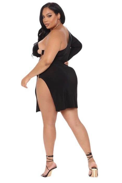 ON SALE!!! 50% OFF!!! Plus Size Leaky Shoulder Steel Ring Dress