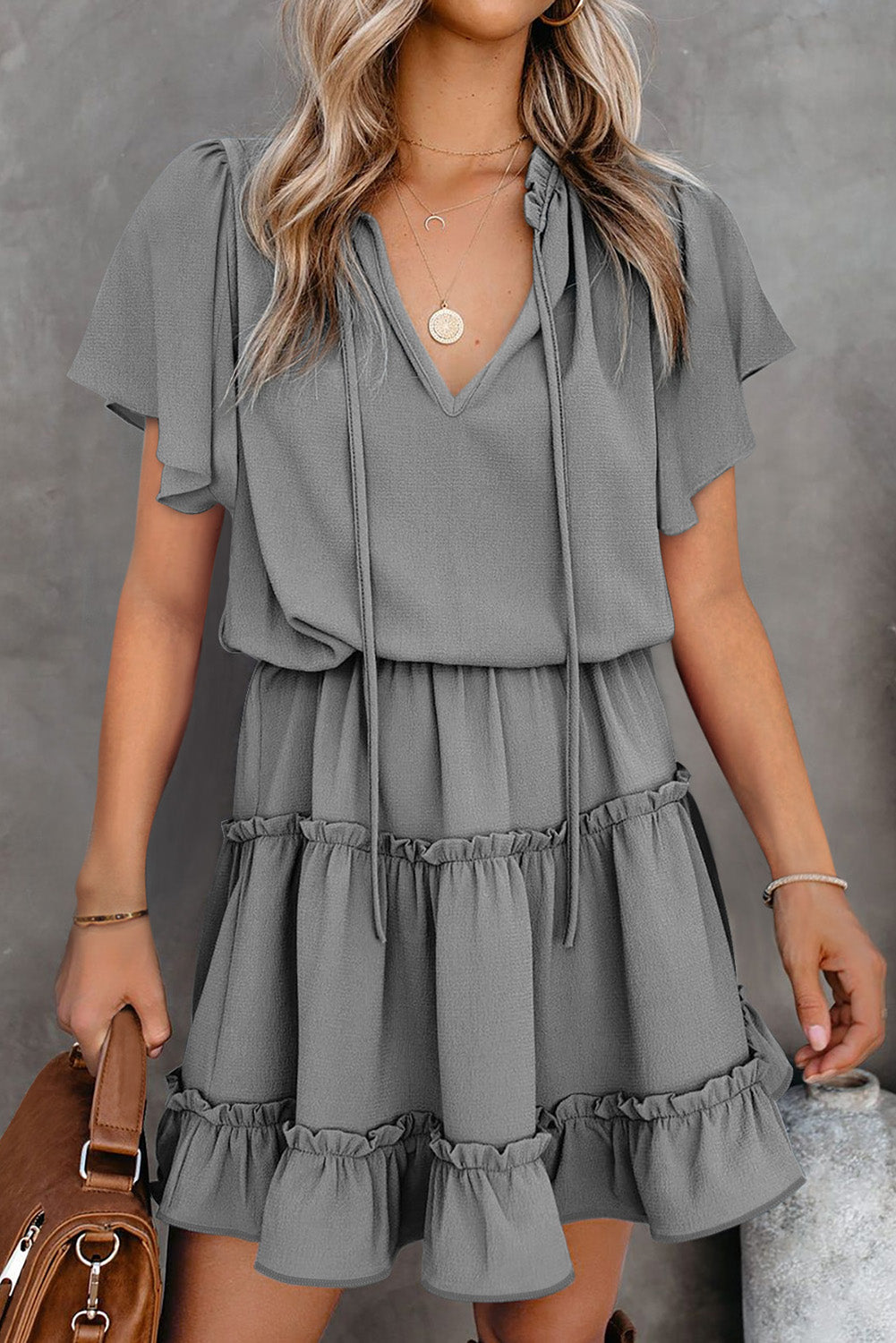 Sky Blue V Neck Ruffled Swing Mini Dress