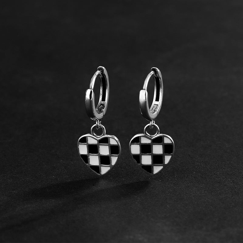 .925 Sterling Silver Heart Chessboard Latch Earrings