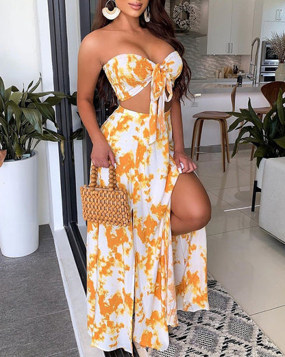 Printed Bandeau Sexy Strapless Crop Tops & Slit Maxi Skirts Set Summer Women Two Piece Set - The Styky Shack