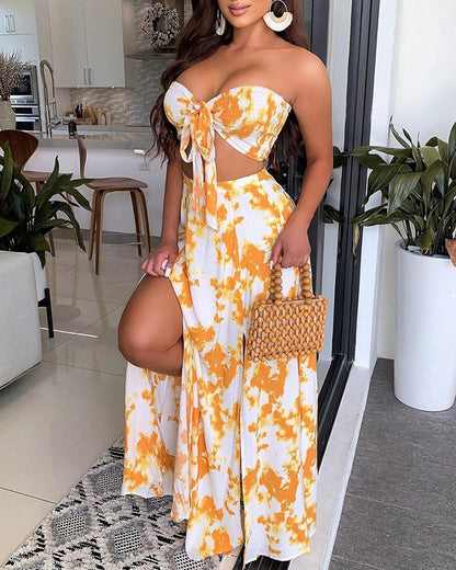 Printed Bandeau Sexy Strapless Crop Tops & Slit Maxi Skirts Set Summer Women Two Piece Set - The Styky Shack