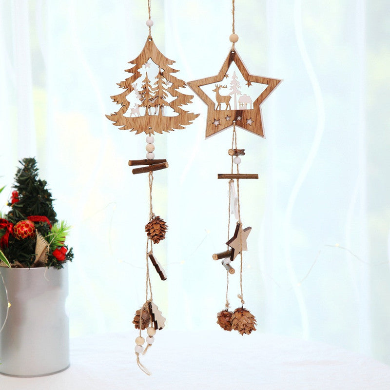 Adornos navideños de madera, colgantes de estrellas de madera, cono de pino, adornos colgantes para árbol de Navidad, decoración navideña para el hogar