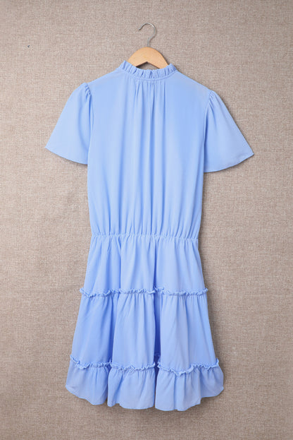 Sky Blue V Neck Ruffled Swing Mini Dress