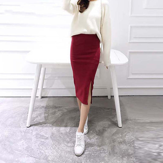 Autumn Winter Bodycon Skirt Women Stretchable Split Skirt Mid Calf Slim Pencil Skirts For Women Female Knit Skirt - The Styky Shack