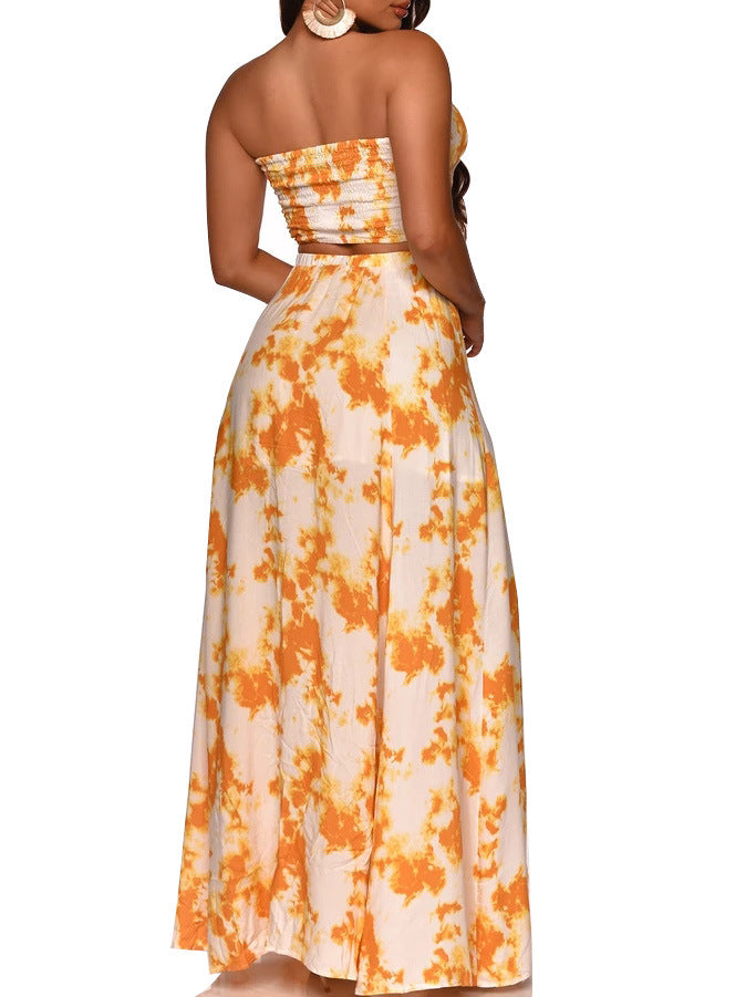 Printed Bandeau Sexy Strapless Crop Tops & Slit Maxi Skirts Set Summer Women Two Piece Set - The Styky Shack