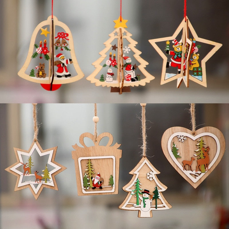 1PC 2D 3D Christmas Ornament Wooden Hanging Pendants Star Xmas Tree Bell Christmas Decorations For Home Party New Year Navidad - The Styky Shack