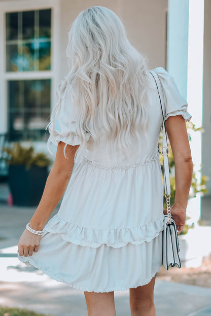 Apricot Tiered Ruffled Puff Sleeve V Neck Babydoll Dress