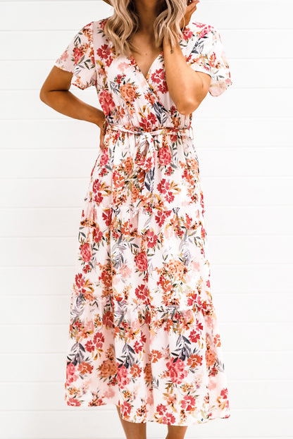 Floral Warp V-Neck Short Sleeve Midi Dress