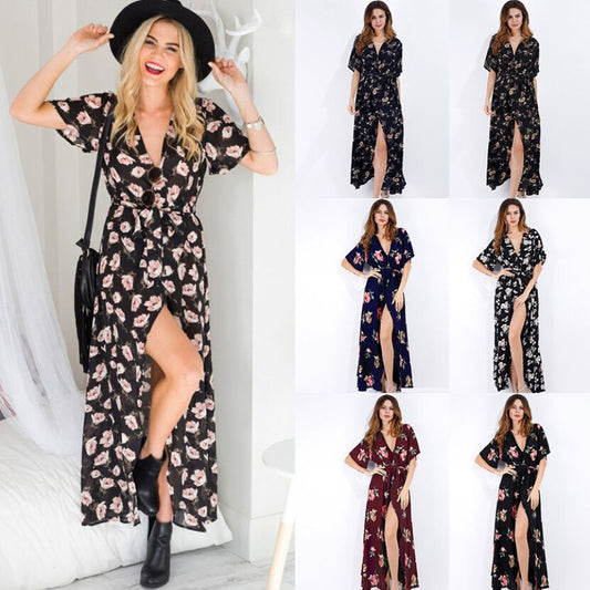 Dress Short Sleeve A Line  Floral Print Chiffon Deep V-Neck Split Sexy Women Summer Dresses Bohemian Beach Elegant Party Vestido - The Styky Shack