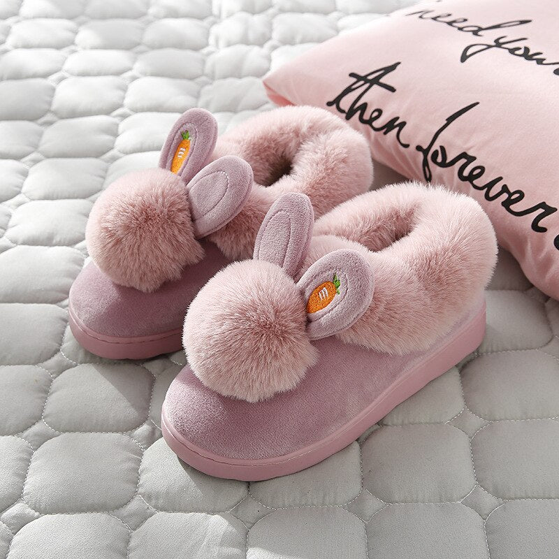 Winter Cotton Slippers Indoor Thick Bottom  Autumn Winter Warm Shoes Cute Lovely Rabbit Ear Plus Plush Slippers Shoes Women