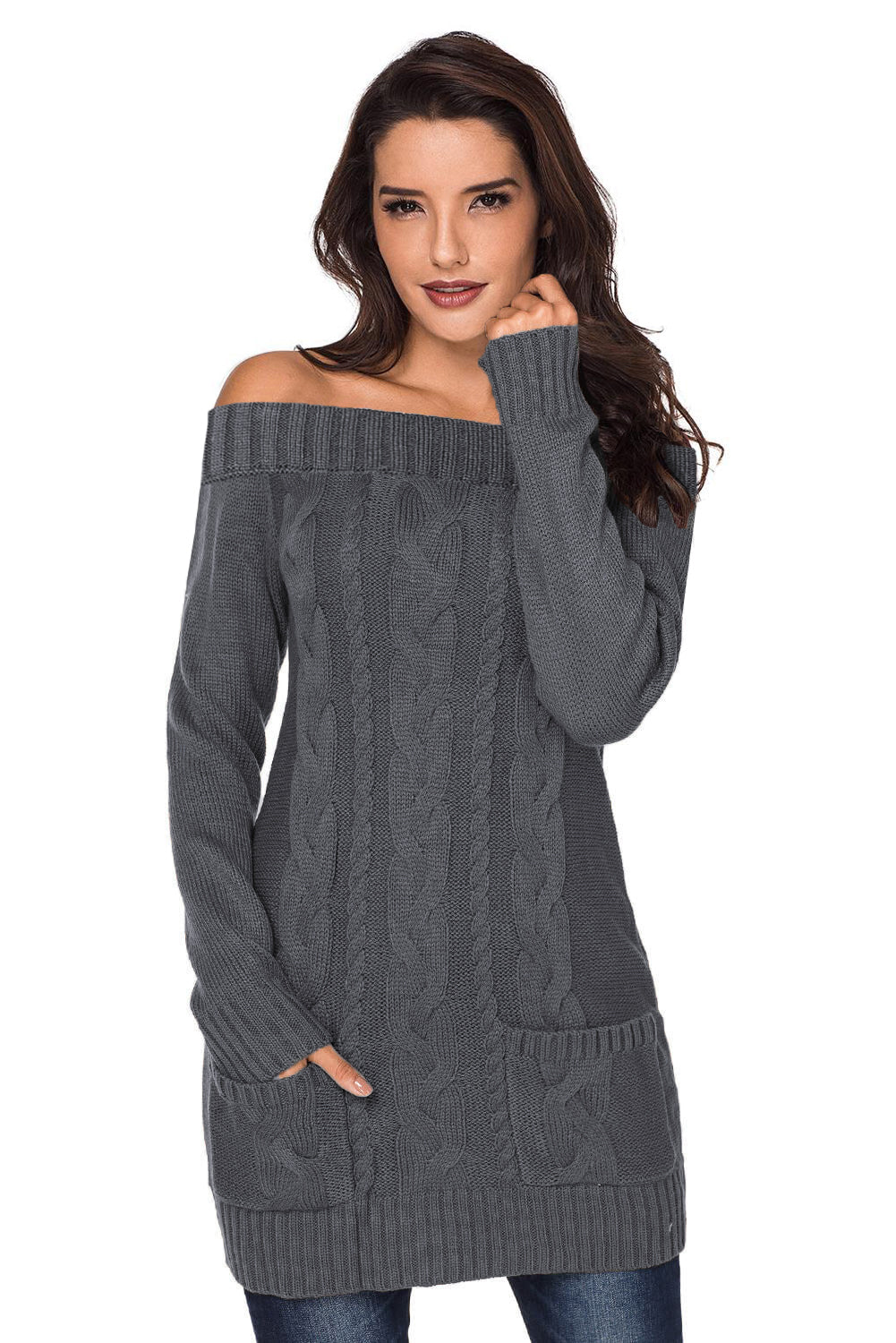 Gray Off-shoulder Cable Knit Sweater Dress