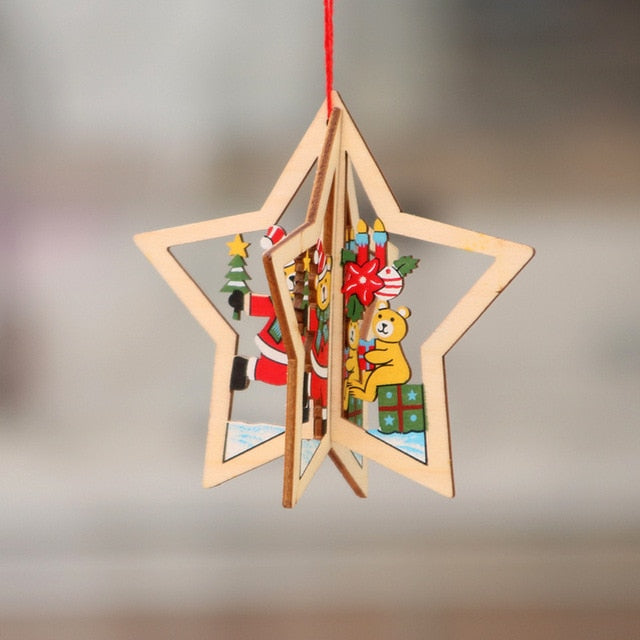 1PC 2D 3D Christmas Ornament Wooden Hanging Pendants Star Xmas Tree Bell Christmas Decorations For Home Party New Year Navidad - The Styky Shack