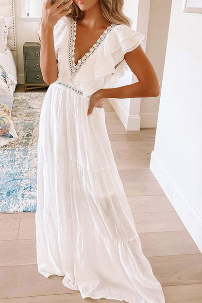 White Lace Splicing Ruffled Deep V Neck Maxi Dress