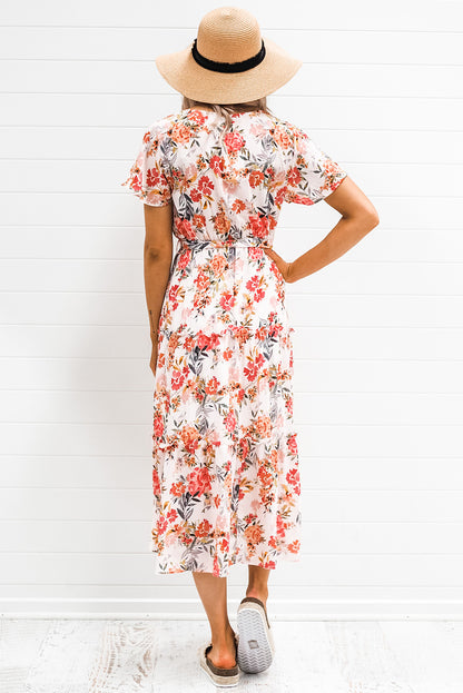 Floral Warp V-Neck Short Sleeve Midi Dress