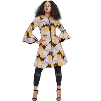 Nubian Styled Clothes Dashiki Print Dress Ethnic Style Fashion Flared Sleeve Zipper Round Neck Casual Jacket