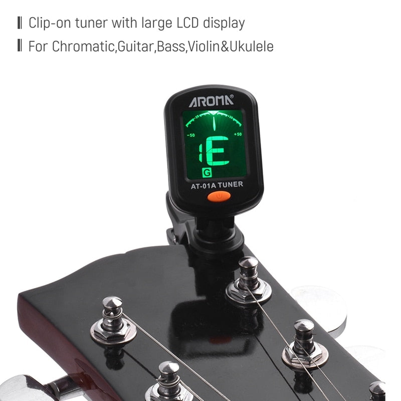 AROMA AT-01A Guitar Tuner Rotatable Clip-on Tuner LCD Display for Chromatic Acoustic Guitar Bass Ukulele Guitar Accessories