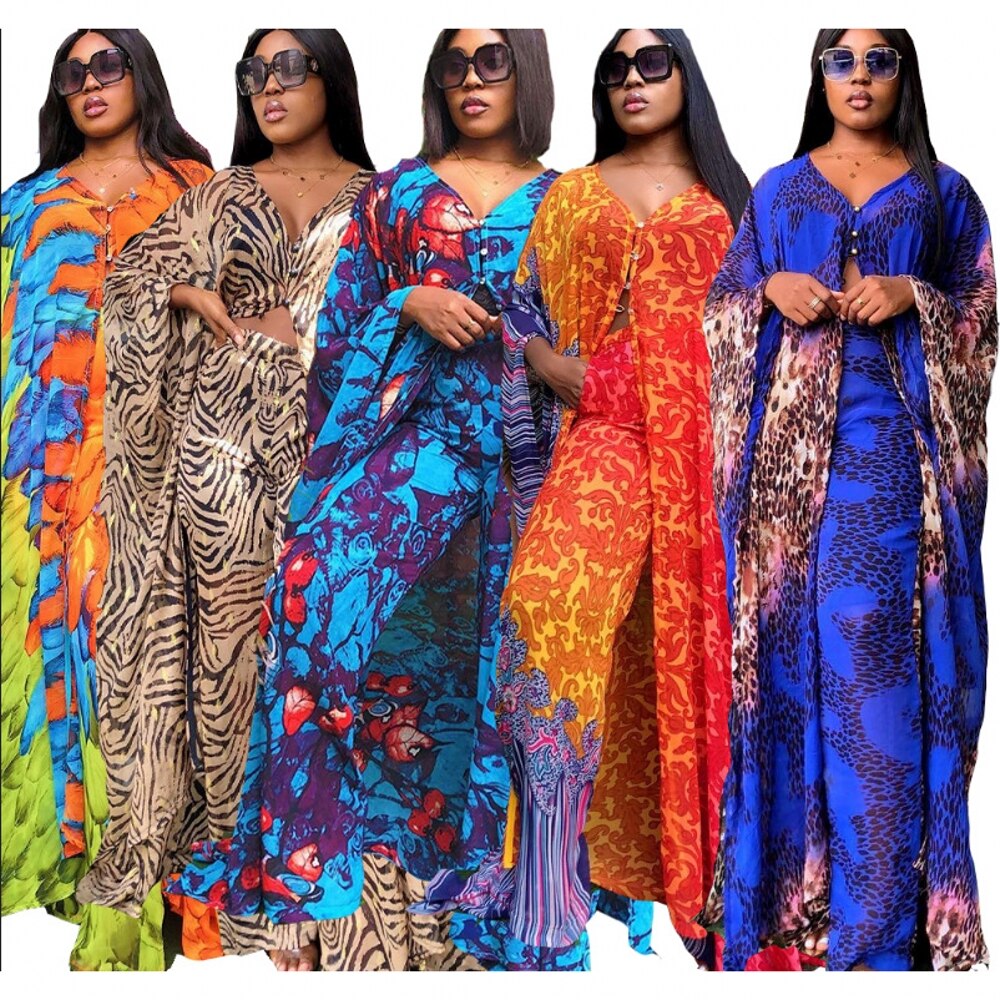 Two Piece Set Nubian Dashiki Long Dress Pants Suit & Robe