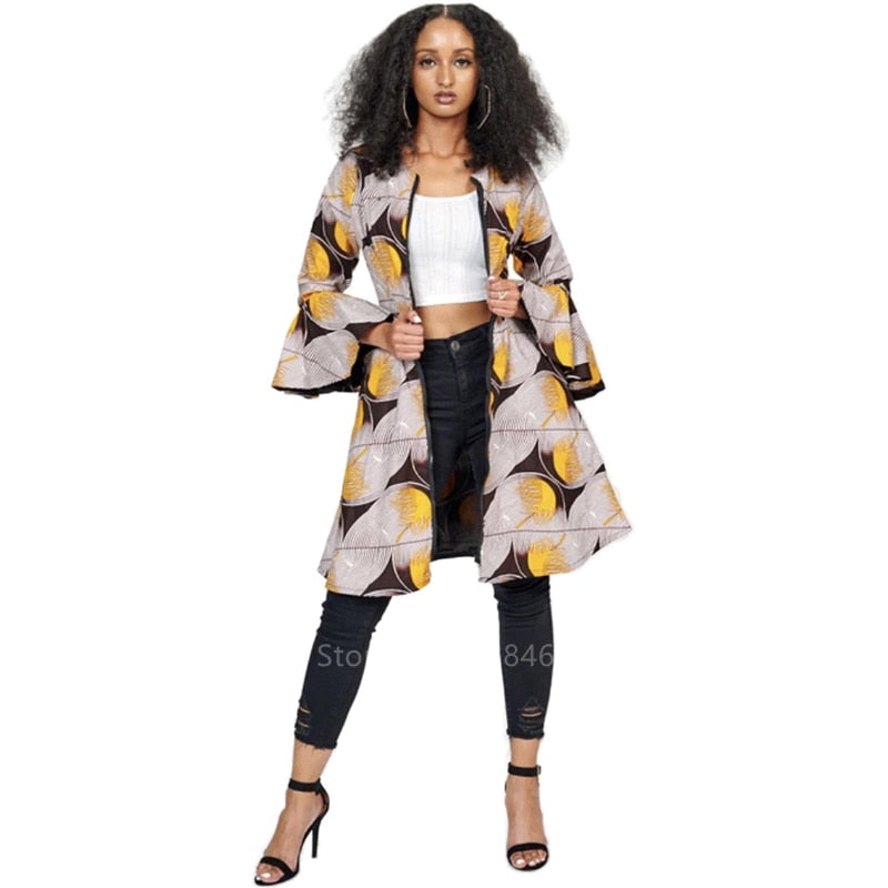 Nubian Styled Clothes Dashiki Print Dress Ethnic Style Fashion Flared Sleeve Zipper Round Neck Casual Jacket