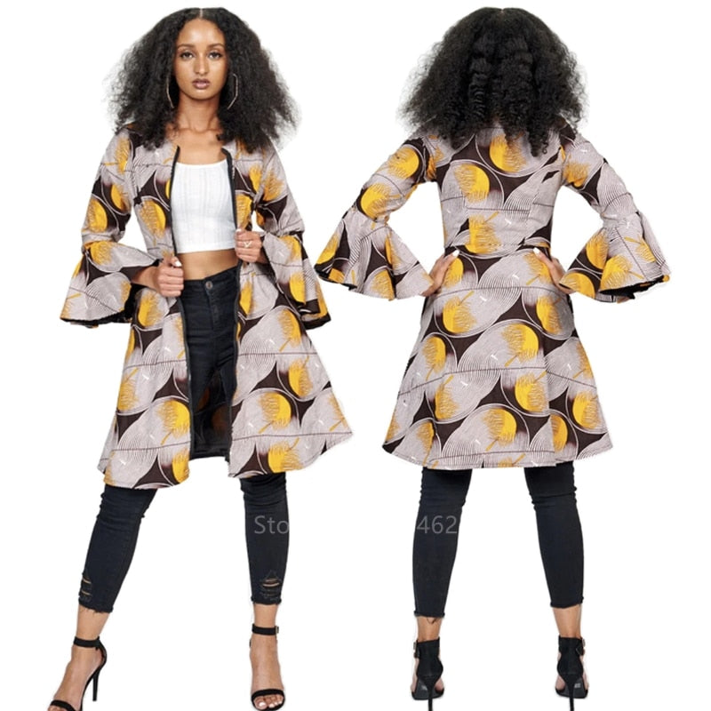 Nubian Styled Clothes Dashiki Print Dress Ethnic Style Fashion Flared Sleeve Zipper Round Neck Casual Jacket