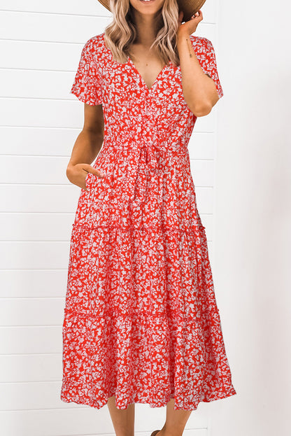 Floral Warp V-Neck Short Sleeve Midi Dress