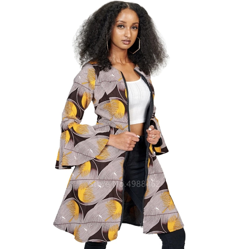 Nubian Styled Clothes Dashiki Print Dress Ethnic Style Fashion Flared Sleeve Zipper Round Neck Casual Jacket