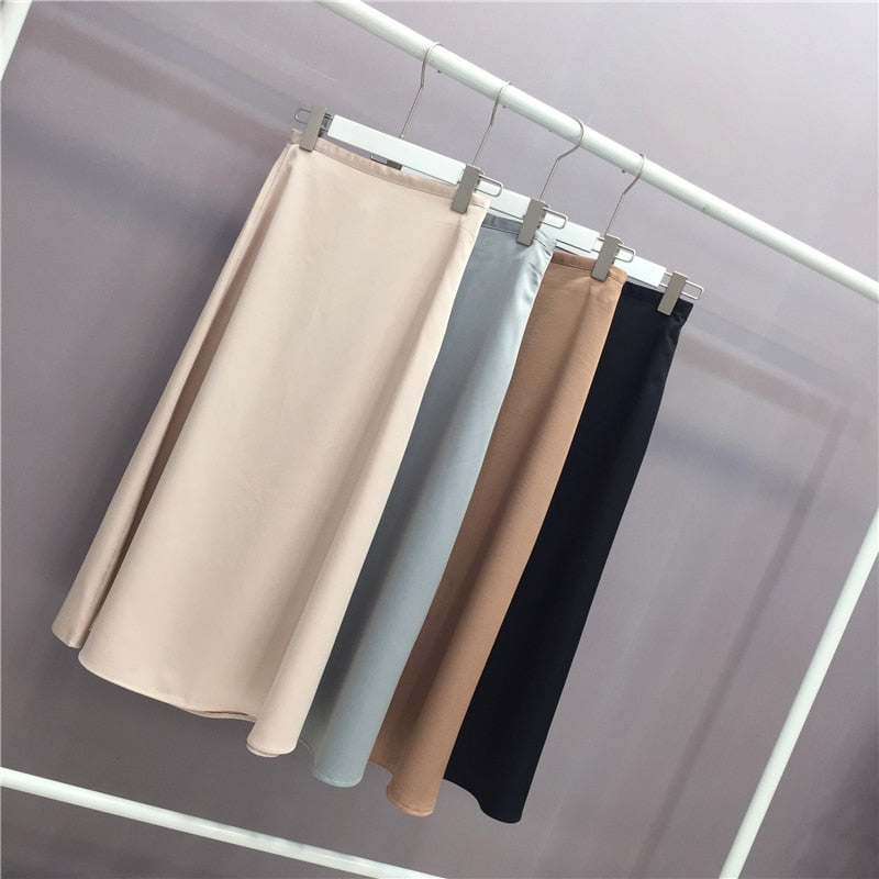 Women Elegant OL Skirt Ladies Glossy Satin Skirt Plain Shiny  Fashion Party Office Skirts Solid  High Waist Skirts