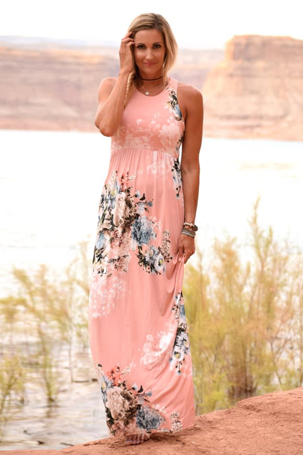 Pink Floral High Waist Maxi Dress