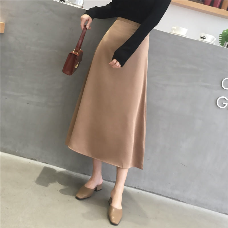 Women Elegant OL Skirt Ladies Glossy Satin Skirt Plain Shiny  Fashion Party Office Skirts Solid  High Waist Skirts