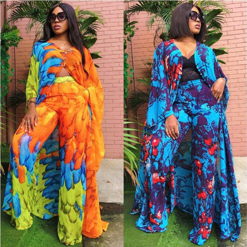 Two Piece Set Nubian Dashiki Long Dress Pants Suit & Robe