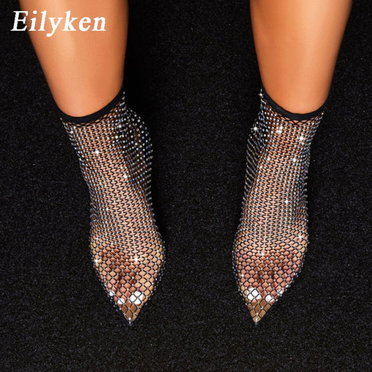 ON SALE!! OVER 40% OFF!!! Crystal Rhinestone Mesh Stretch Fabric Sock Pointed Toe Shoes