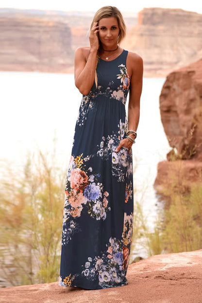 Pink Floral High Waist Maxi Dress