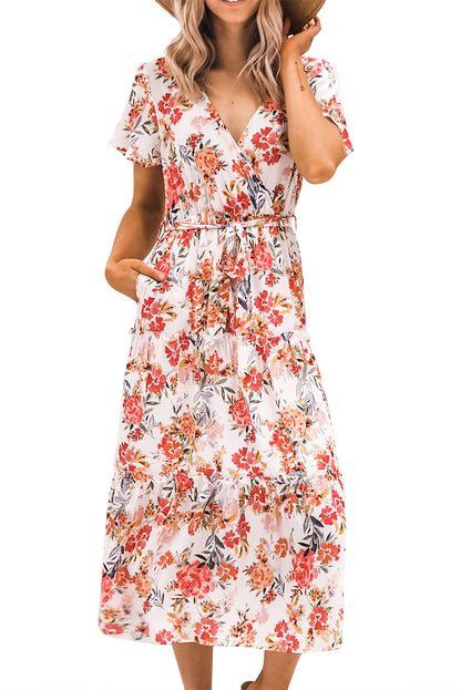 Floral Warp V-Neck Short Sleeve Midi Dress