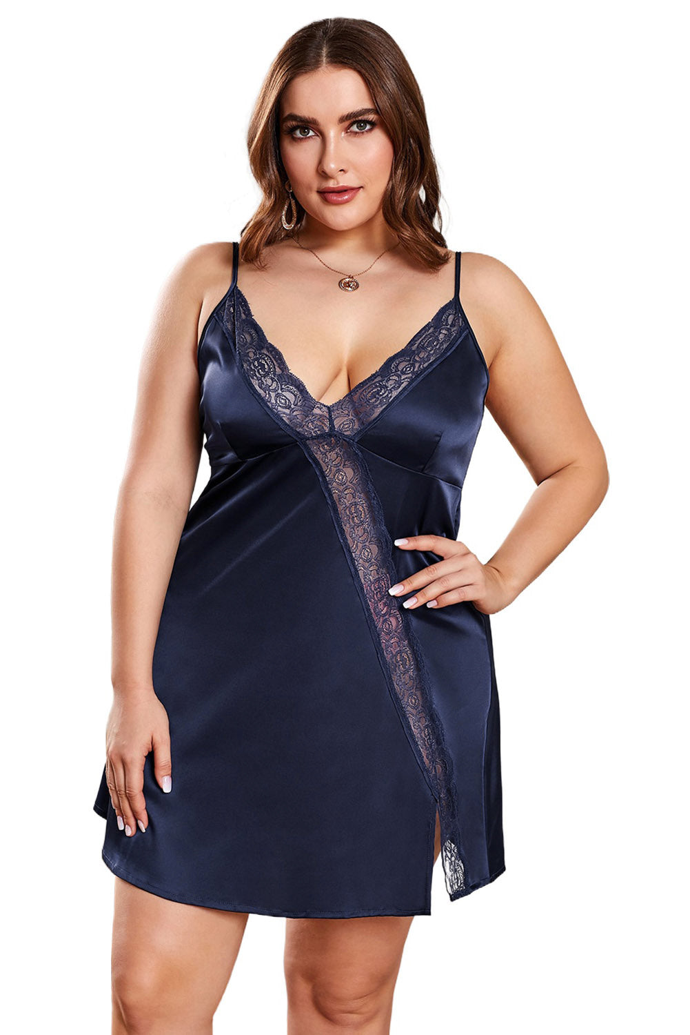 Vestido babydoll de San Valentín con ribete de encaje de talla grande azul marino