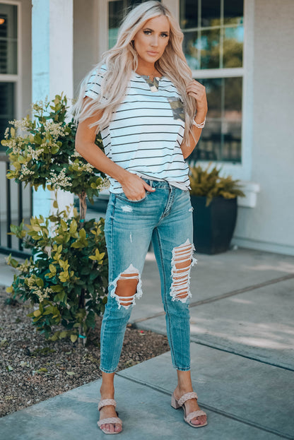 White Camo Pocket Striped T Shirt