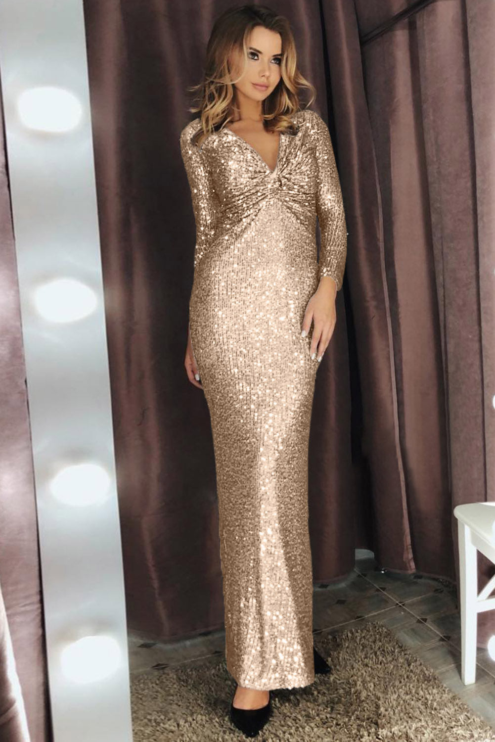 Apricot Long Sleeve V Neck Twist Ruched Sequin Prom Maxi Dress