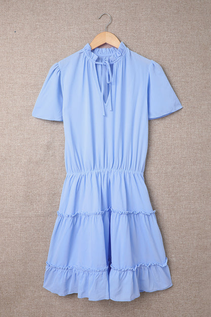 Sky Blue V Neck Ruffled Swing Mini Dress