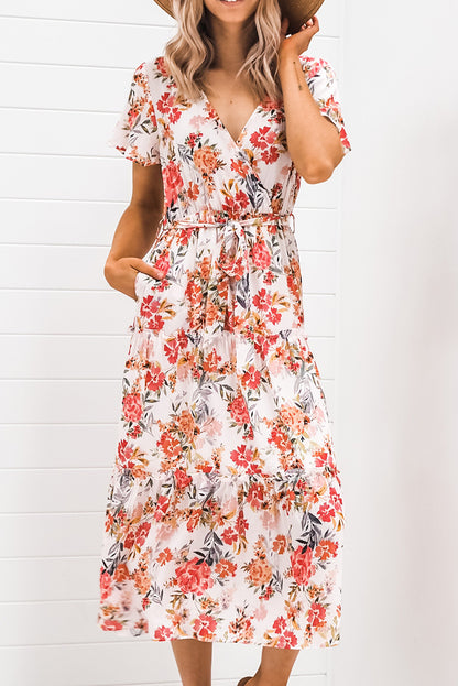 Floral Warp V-Neck Short Sleeve Midi Dress