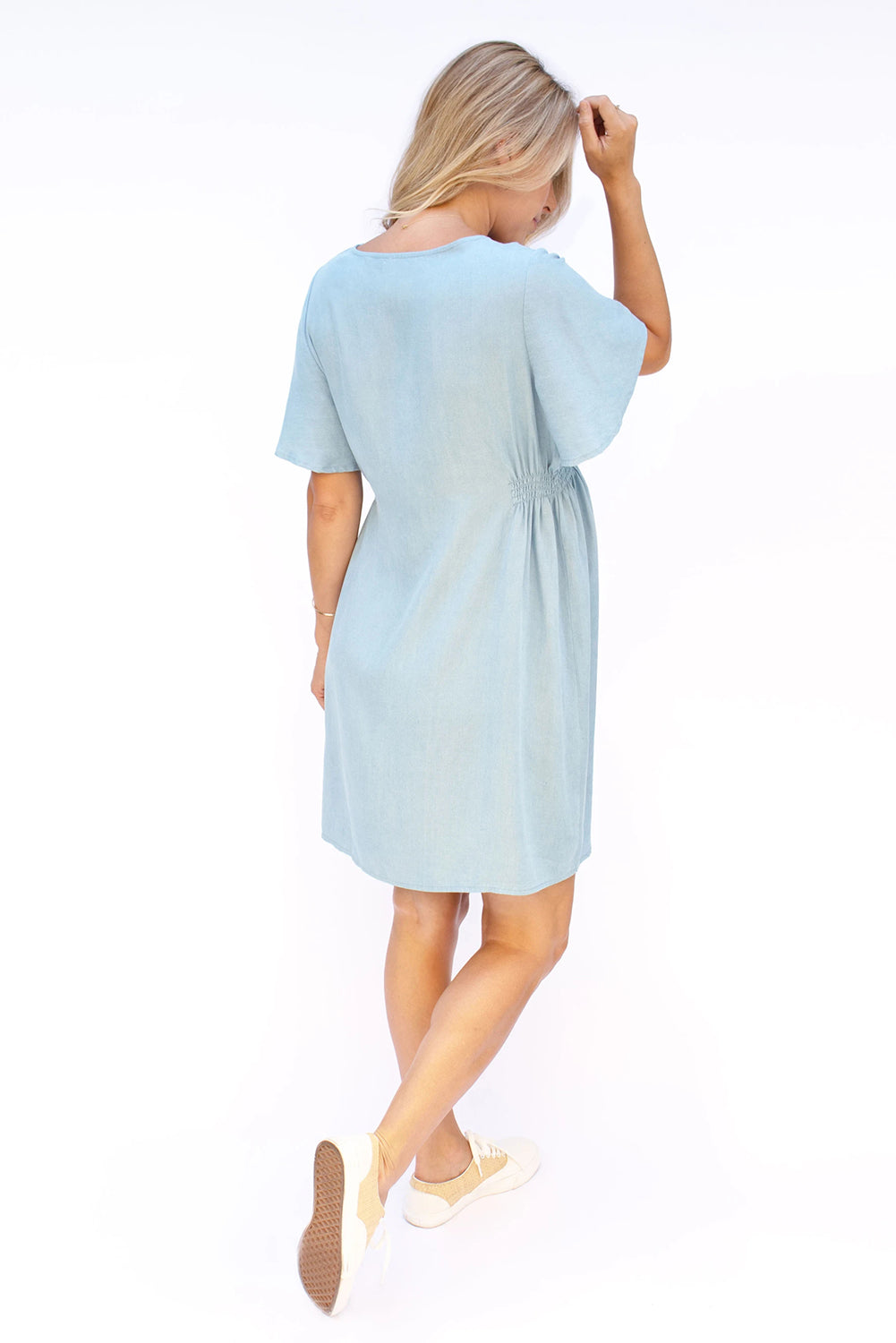 Sky Blue Flutter Sleeve V Neck Buttoned Maternity Dress