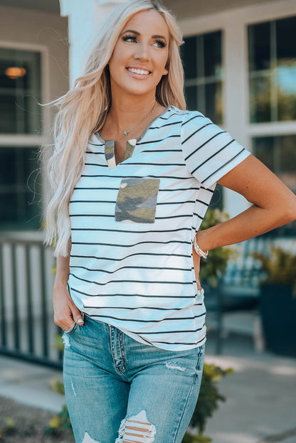 White Camo Pocket Striped T Shirt