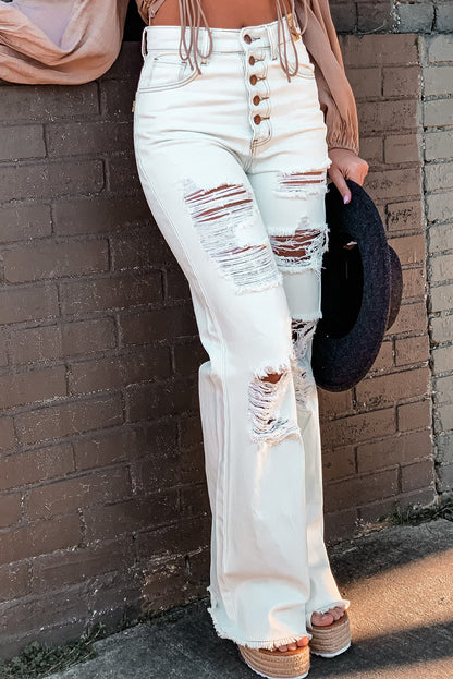 White Light Washed Distressed Slits Button Fly Flare Jeans