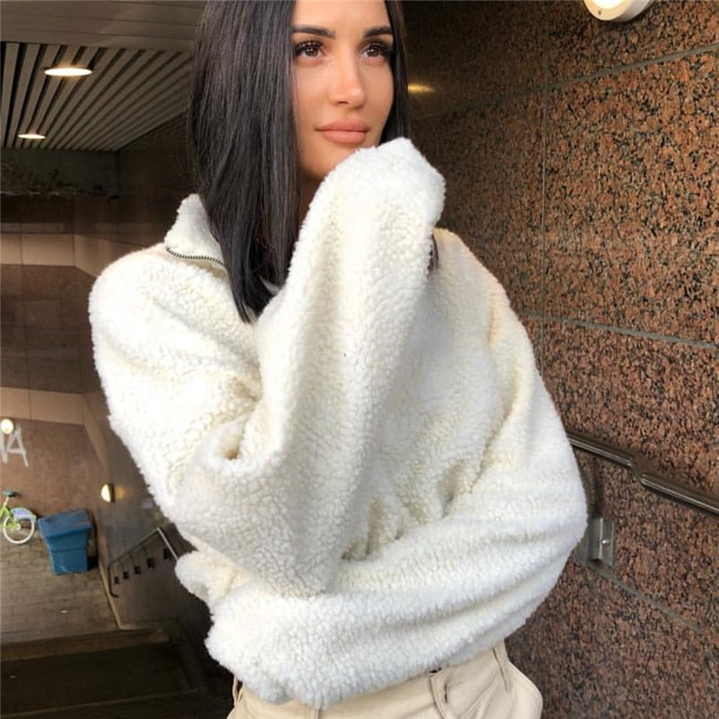 Winter Pullover Sweatshirts Women Zipper Oversized Hoodies Ladies White Turtleneck Faux Lambswool Crop Top Hoodie