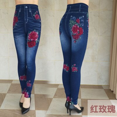 Women's Autumn Winter Jeans Plus Size Printing Imitation Denim Leggings High Waist Wear Stretch Plus Velvet Imitation Jeans Z136