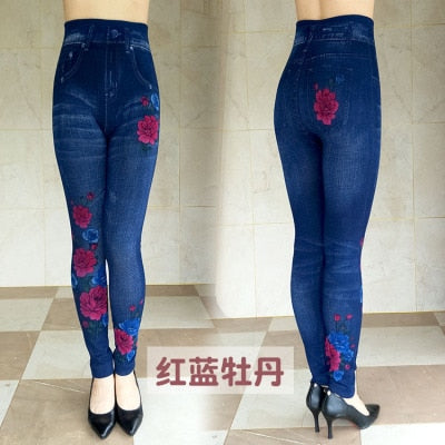 Women's Autumn Winter Jeans Plus Size Printing Imitation Denim Leggings High Waist Wear Stretch Plus Velvet Imitation Jeans Z136