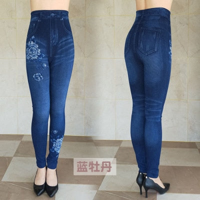 Women's Autumn Winter Jeans Plus Size Printing Imitation Denim Leggings High Waist Wear Stretch Plus Velvet Imitation Jeans Z136