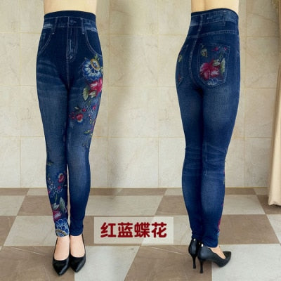 Women's Autumn Winter Jeans Plus Size Printing Imitation Denim Leggings High Waist Wear Stretch Plus Velvet Imitation Jeans Z136